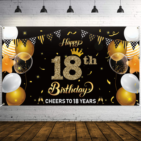 WATINC Happy 18th Birthday Backdrop Banner Cheers to 18 Years Background Banners 78” x 45” Extra Large Backdrops Balloons Black Gold Party Decorations Supplies for Indoor Outdoor Photo Booth Props