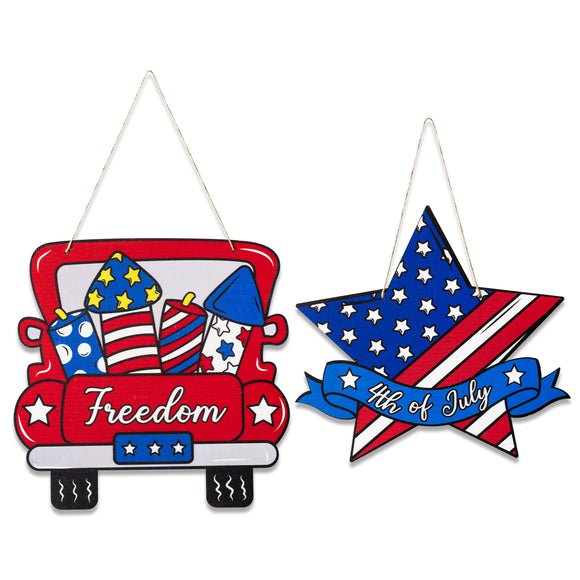 WATINC Patriotic 4th of July Independence Day Hanging Decoration Wood Door Sign Set Freedom Car Decorations American Rustic Plaque Front Porch Wall Window Decor Party Supplies for Indoor Outdoor