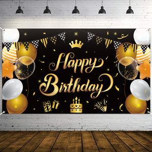 WATINC Happy Birthday Backdrop Banner Black Golden Background Banners 78” x 45” Extra Large Backdrops Balloons Party Decorations Supplies for Indoor Outdoor Photo Booth Props