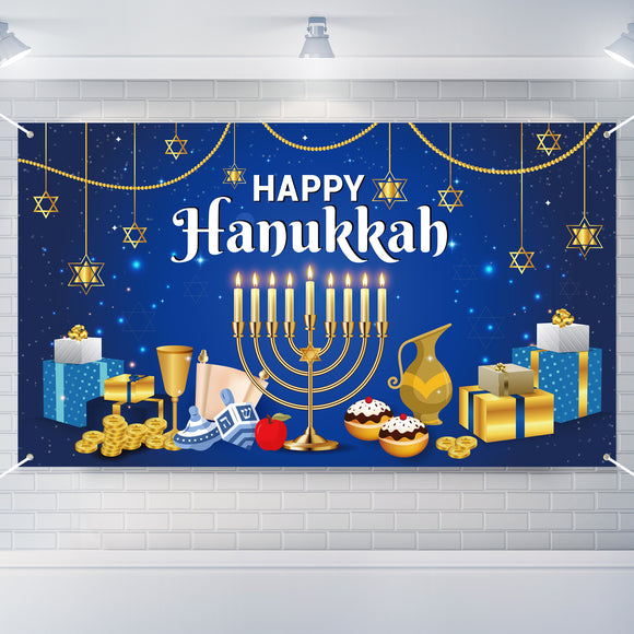 WATINC Happy Hanukkah Backdrop Banner Extra Large Blue and Gold Chanukah Menorah Dreidel Hexagram Grid Jewish Themed Party Festival Holiday Background Supplies for Wall Indoor Outdoor 78 x 45 Inch