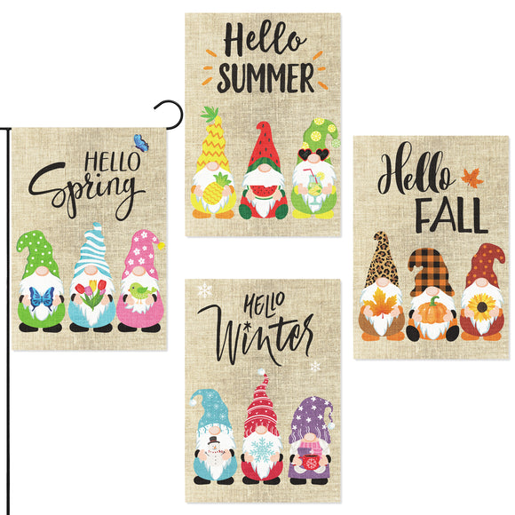 WATINC 4Pcs Seasonal Gnomes Garden Flags Set Hello Spring Summer Fall Winter Colorful Party Decoration Supplies Double Sided Burlap House Flag for Home Indoor Outdoor Yard Lawn 12.6 x 18.1 Inch