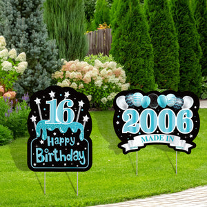 WATINC 2Pcs Happy 16th Birthday Yard Signs with Stakes 16 Years Old Made in 2006 Teal Silver Black Blue Turquoise Large Waterproof 16 Sixteen Lawn Sign Garden Outdoor Decorations for Teens Boys Girls