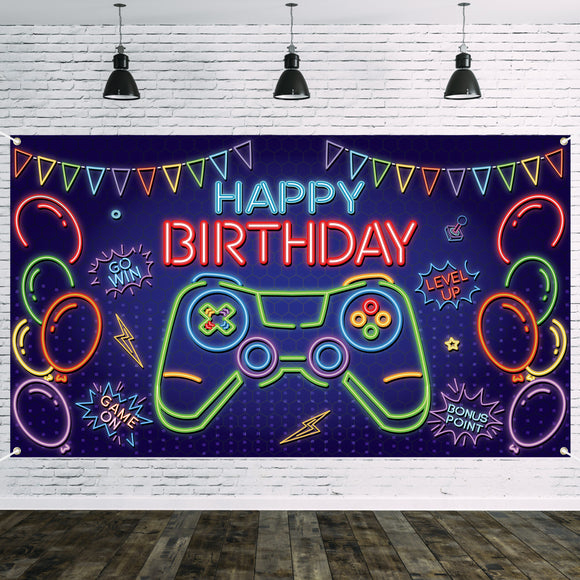 WATINC Neon Video Game Happy Birthday Backdrop Banner Neon Blue Game On Level Up Go Win Bonus Point Balloons Gaming Themed Party Wall Decorations Supplies Photo Props for Boys Girls Home 79x45 Inch