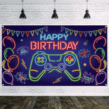 WATINC Neon Video Game Happy Birthday Backdrop Banner Neon Blue Game On Level Up Go Win Bonus Point Balloons Gaming Themed Party Wall Decorations Supplies Photo Props for Boys Girls Home 79x45 Inch