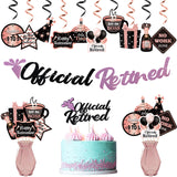 WATINC 42pcs Rose Gold Retirement Party Decoration for Women, Happy Official Retired Banner Sign Hat Cake Topper Foil Swirls Decor Farewell Retirement Party Supplies Photo Booth Props Ideal for Women