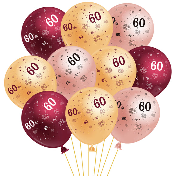 WATINC 37Pcs 60th Burgundy Rose Gold Latex Balloons for Birthday Party Favor Decoration, Wine Red Foil Balloon with Ribbon, Background Photo Props Supplies Decor for Women Men Mother Dad (3 Colors)