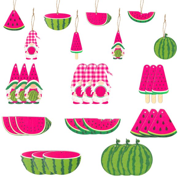 WATINC 25PCS Watermelon Gnomes Wooden Hanging Ornament Set, Summer Fruit Wood Gift Tags with String, Colorful Elf Crafts for Classroom Home Hawaiian Holiday Birthday Party Favor Decoration (8 Styles)