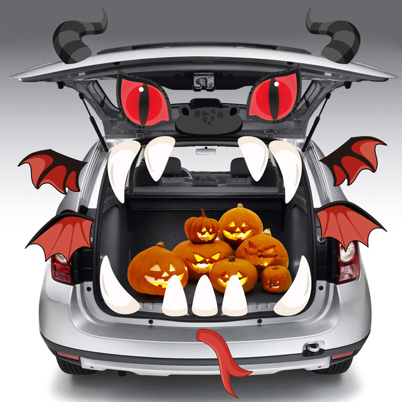 WATINC 19Pcs Trunk or Treat Fire Dragon Decorations Kit Monster Face Paperboard Halloween Themed Cars Ornaments Party Favors Decoration Birthday Supplies for Archway Garage Door Window Outdoor