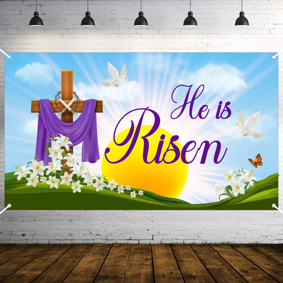 WATINC Easter He is Risen Religious Backdrop Banner Jesus Crucifixion Resurrection Cross Sun Greenish Lily Flower Themed Party Wall Decorations Supplies Photo Props for Home Outdoor 78 x 45 Inch