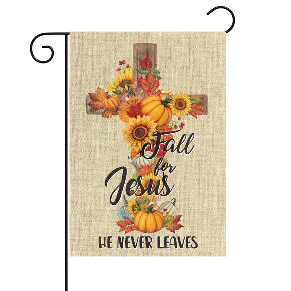 WATINC Fall for Jesus Pumpkin Garden Flag Burlap He Never Leaves Cross Sunflowers Maple Leaf Vertical Double Sided House Flag Autumn Harvest Thanksgiving Party Decoration for Lawn Yard 12 x 18 Inch