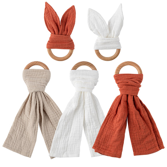 WATINC 5 PackFast Water Absorption Saliva Towel, Cotton Cute Rabbit Ears Shape, Wooden with Cloth Soft Pure Cotton Towel