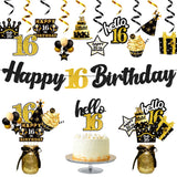 WATINC 42pcs 16th Black Gold Party Decorations for Boys Girls, 16 years Happy Birthday Banner Party Supplies Anniversary Decorations, 16th Birthday Cake Sparkling Party Balloon Celebration Hat & Gift