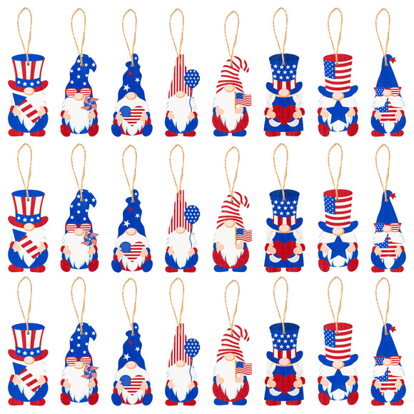 WATINC 25 Pack Independence Day Wooden Ornaments, Hanging Wooden Pendants for 4th of July Party Supplies, Red White Blue Patriotic Gnomes Shaped Cutouts Tree Pendant for USA Patriotic Party Decoration