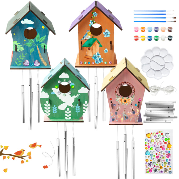 WATINC 4 Sets DIY Bird House Chime Kits for Kids Build and Paint Unfinished Wooden Art Birdhouses Preschool Classroom Painting Kits Activities Party Gifts Hanging Decorations for Window Outside