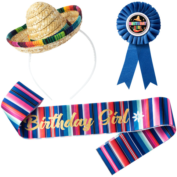 WATINC 3Pcs Birthday Girl Party Accessory Set Mexican Sombrero Hat with Headband Sash Rosette Badge Pin Happy Birthday Cinco De Mayo Fiesta Themed Party Accessories Gifts Favors for Girls Kids