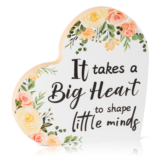 WATINC Wooden Heart Table Centerpieces Sign Teacher Appreciation Gift, It Takes a Big Heart to Shape Little Minds Tabletop Ornaments, Office Desks Wood Signs Topper Decorations for Student to Teachers