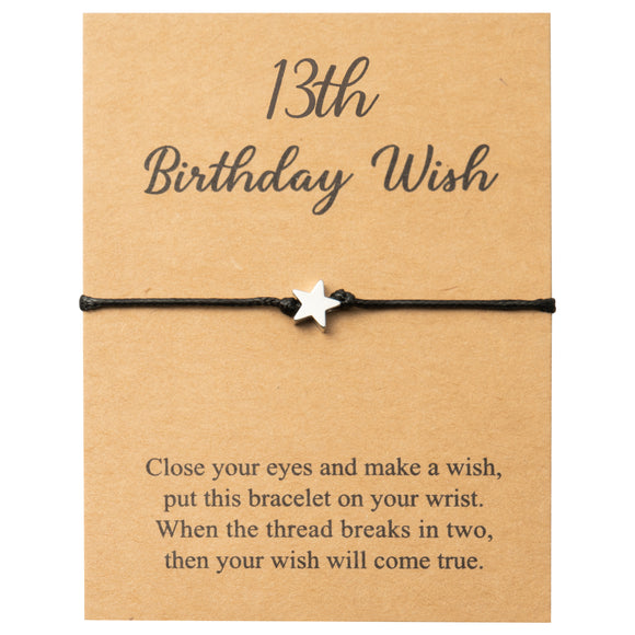 WATINC 13th Birthday Wish Bracelet, Adjustable Star Cord Bracelets with Make A Wish Cards, Friendship Jewelry Simple Handmade Bracelet Birthday Gift for Daughter Kids Friends Teen Girls Boys