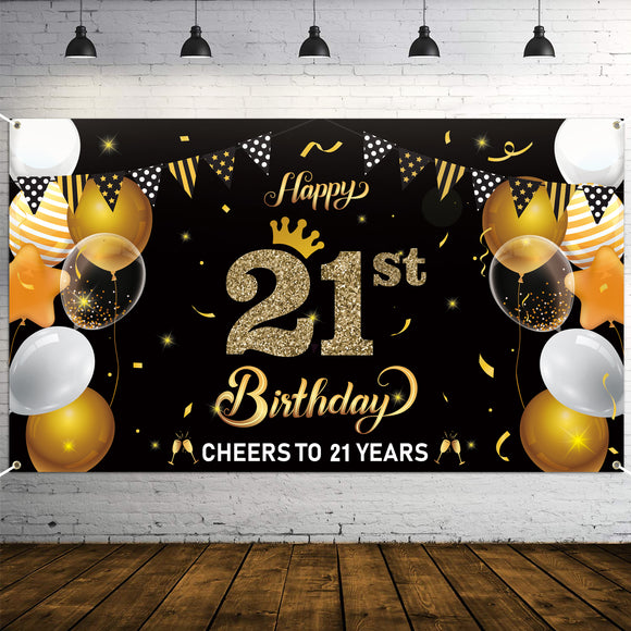 WATINC Happy 21st Birthday Backdrop Banner Cheers to 21 Years Background Banners 78” x 45” Extra Large Backdrops Balloons Black Gold Party Decorations Supplies for Indoor Outdoor Photo Booth Props