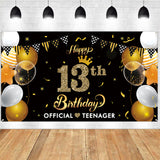 WATINC Happy 13th Birthday Backdrop banner Official Teenager Background Banners 78” x 45” Extra Large Backdrops Balloons Black Gold Party Decorations Supplies for Indoor Outdoor Photo Booth Props