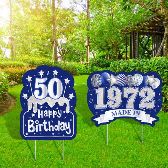 WATINC 2Pcs Happy 50th Birthday Yard Signs with Stakes 50 Years Old Made in 1972 Navy Blue and Silver Large Waterproof Lawn Sign Garden Outdoor Decorations Bday Party Supplies for Elder Men Women