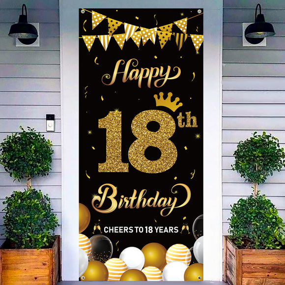 WATINC Happy 18th Birthday Door Cover Banner Cheers to 18 Years Decorative Backdrop Background 78” x 35” Large Black Gold Sign Poster House Party Decorations Supplies for Indoor Outdoor Photo Booth