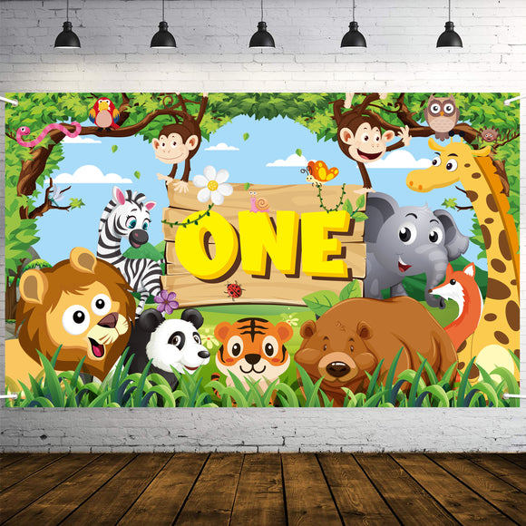 \WATINC Jungle Animals 1st Birthday Backdrop Banner One Year Photography Background Banners Giraffe Lion Elephant Monkey Tiger Zebra Extra Large Party Decorations Photo Booth Props Boys Girls 78” x 45”