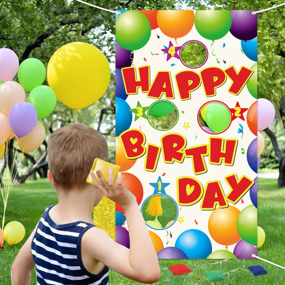 WATINC Happy Birthday Toss Game with 4 Bean Bags, Fun Carnival Birthday Party Game for Kids and Adults, Colorful Balloons Banner for Birthday Party Decorations Supplies, Indoor Outdoor Yard Activity