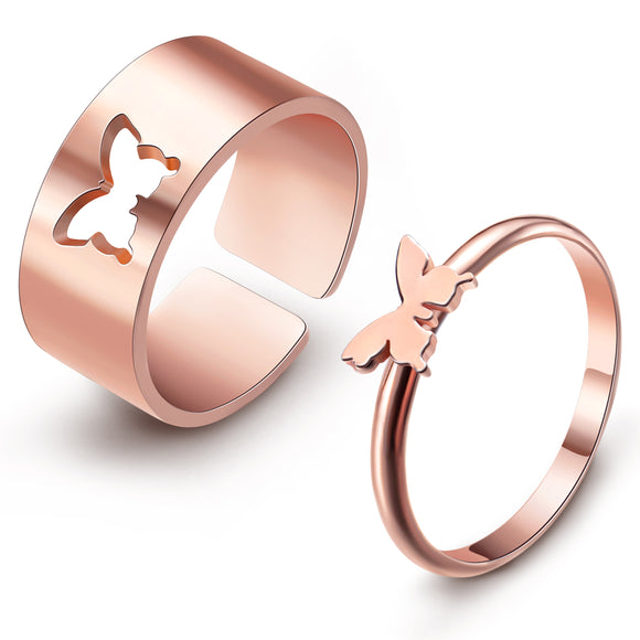 WATINC 2pcs Rose Gold Butterfly Promise Ring for Women, Creative Adjustable Open Ring for Lovers Matching Friendship Gift, Trendy Dainty Rings Jewelry Set for Teen Girls Engagement Ring Set for Couple