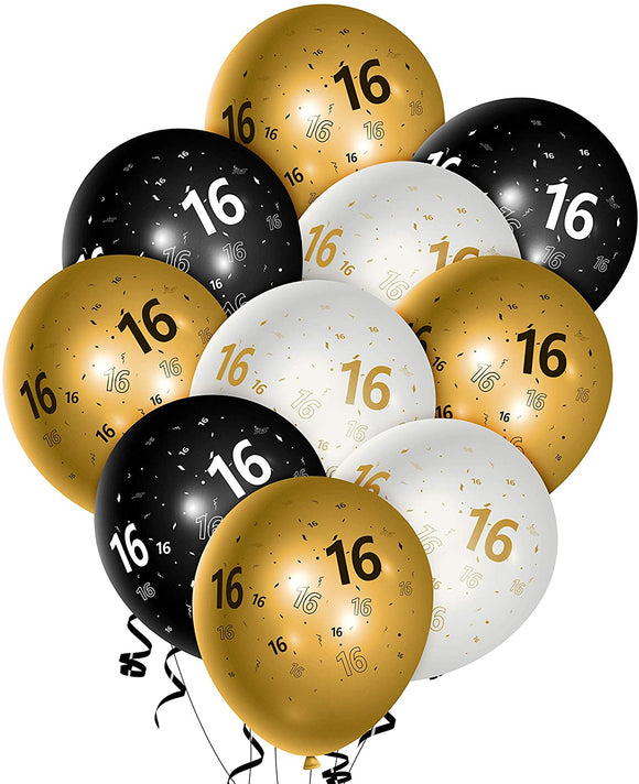 WATINC 36Pcs 16th Birthday Latex Balloons, 12inch Black Gold White Balloon for Official Teenager Happy 16th Birthday Decorations, Anniversary Party Supplies,16th Party Sign for 16 Years Old Boys Girls