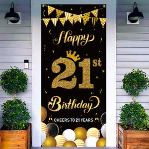 WATINC Happy 21st Birthday Door Cover Banner Cheers to 21 Years Decorative Backdrop Background 78” x 35” Large Black Gold Sign Poster House Party Decorations Supplies for Indoor Outdoor Photo Booth