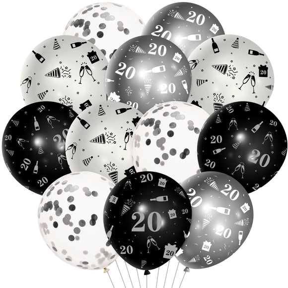 WATINC 36Pcs 20th Black and Silver Latex Balloons Kit for Teen Boys Girls, 20 Year Old Birthday Confetti Balloon Party Decor, Anniversary Theme Photography Backdrop Favor Supplies Decoration (12 Inch)