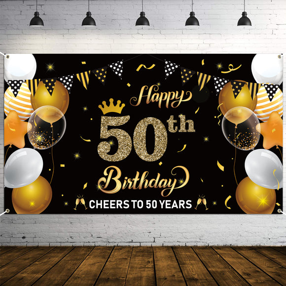 WATINC Happy 50th Birthday Backdrop Banner Cheers to 50 Years Background Banners 78” x 45” Extra Large Backdrops Balloons Black Gold Party Decorations Supplies for Indoor Outdoor Photo Booth Props