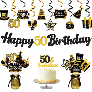 WATINC 42pcs 50th Black Gold Party Decorations for Men Women, 50 years Happy Birthday Banner Party Supplies Anniversary Decorations, 50th Birthday Cake Sparkling Party Balloon Celebration Hat & Gift