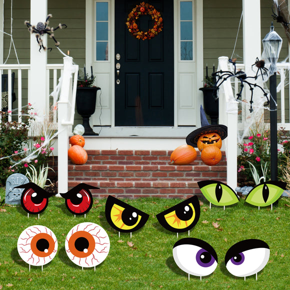 WATINC Set of 10 Halloween Monster Eyes Yard Signs with Stakes Bloodshot Ghost Eyeballs Waterproof Lawn Signs Scary Party Decorations Supplies Photo Props for Outdoor Bushes Garden Grass Patio