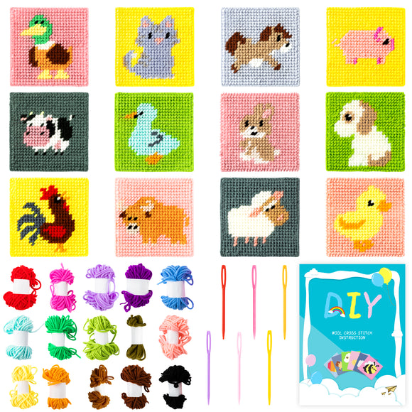 WATINC 12-in-1 Stamped Cross Stitch Kit for Kids Needlepoint Starter Sewing Set DIY Craft with Farm Animals Patterns Embroidery Kit Educational Art Craft Class Supplies for Beginners Teens Adults