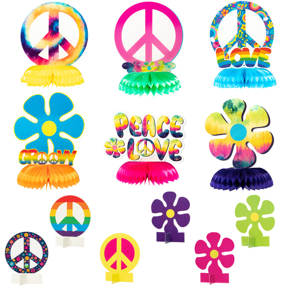 WATINC 12pcs Hippie Honeycomb Centerpieces, 60’s Hippie Tie Dye Party Table Topper Honeycomb Stand, Hippy Retro Flower Cutout Peace Sign, Birthday Party Supplies, Photo Booth Props for Adult and Kids