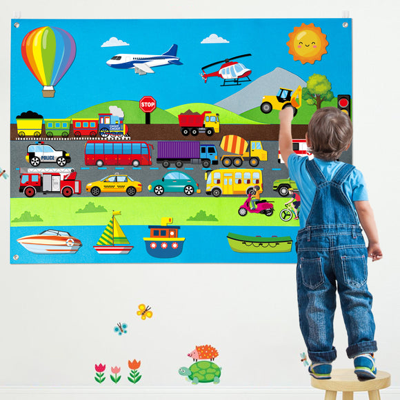 WATINC 35Pcs Vehicle Felt Story Board Set 3.5Ft Transportation Theme Storytelling Flannel Cars Truck Plane Train Boat Early Learning Interactive Play Kit with Hooks Wall Hanging Gift for Toddlers Kids