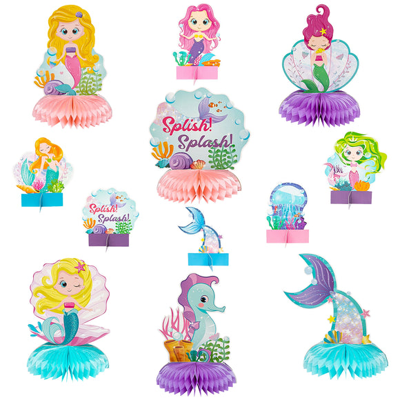 WATINC 12pcs Mermaid Honeycomb Centerpieces, Mermaid Tail Birthday Party Table Toppers Honeycomb, Ocean Animal for Baby Shower Decoration, Princess Mermaid Doll Decor Birthday Supplies for Kids Girls