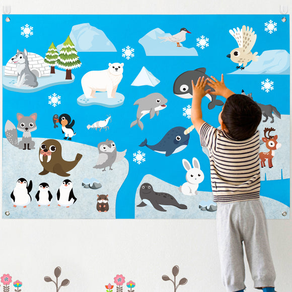 WATINC 46Pcs Polar Animals Felt Board Story Set Arctic Antarctica Ocean Animal Bear Penguin Whale Preschool Large Wall Storyboard Early Learning Play Kit Hanging Gift for Toddlers Kids 41 x 30 Inch