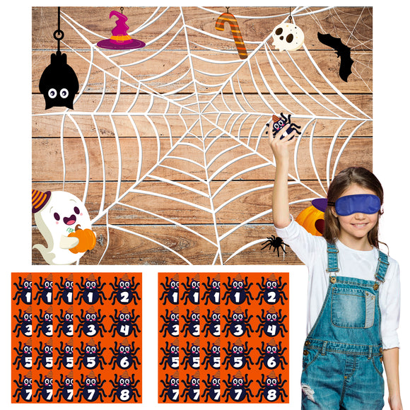 WATINC Halloween Party Games for Kids, Pin The Spider on The Web Game with 64pcs Spider Stickers and 2 Blindfolds for Multiple Players, Classic Halloween Theme Family Game Kids Party Games Decorations