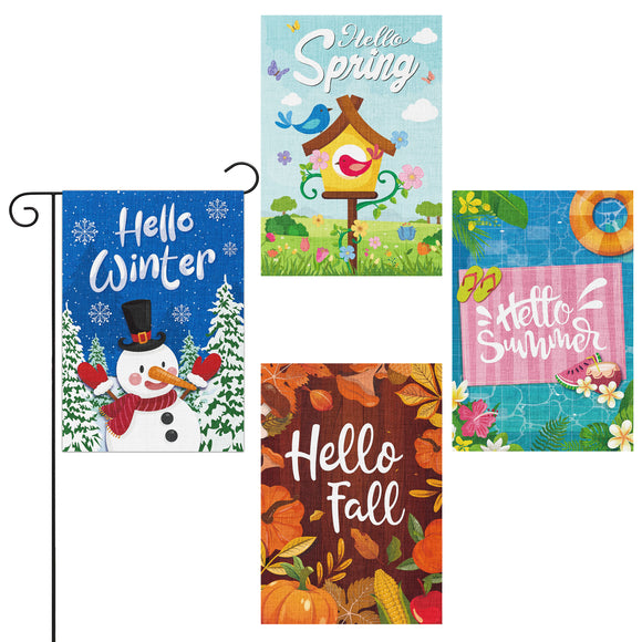 WATINC 4Pcs Seasonal Garden Flags Burlap Set Vertical Double Sided Hello Spring Summer Fall Winter Colorful Party Decoration Supplies House Flag Ornament for Lawn Yard Outdoor Indoor 12 x 18 Inch