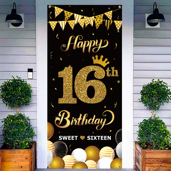 WATINC Happy 16th Birthday Door Cover Banner Sweet Sixteen Decorative Backdrop Background 78” x 35” Large Black Gold Sign Poster House Party Decorations Supplies for Indoor Outdoor Photo Booth