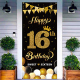 WATINC Happy 16th Birthday Door Cover Banner Sweet Sixteen Decorative Backdrop Background 78” x 35” Large Black Gold Sign Poster House Party Decorations Supplies for Indoor Outdoor Photo Booth