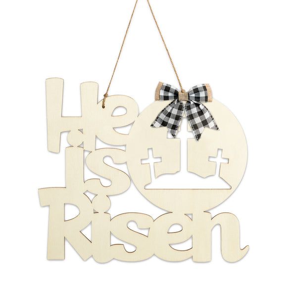 WATINC He is Risen Wooden Door Hanging Sign Decorations Religious Easter Hanger Christian Jesus Cross Art Wood Ornaments with Double-layer Plaid Bow Party Supply Gift for April Indoor Outdoor Decor