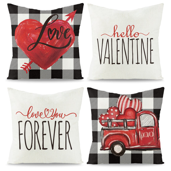 WATINC 4Pcs Valentine's Day Pillow Covers Arrow Heart Truck Cushion Cases Linen Cloth Hello Valentine Love You Forever Plaid Pillowcase Decoration Farmhouse for Sofa Home Car Couch 18 x 18 Inch