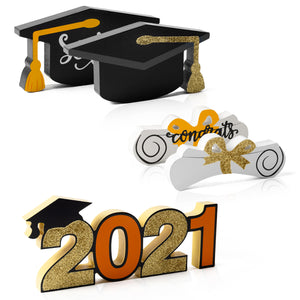 WATINC 3pcs Graduation Double-Sided Print Wooden Table Decoration, Freestanding Class of 2021 Centerpiece Sign for Congratulation Party, Black Gold Glitter Tiered Tray Decoration for Grad Party Favors