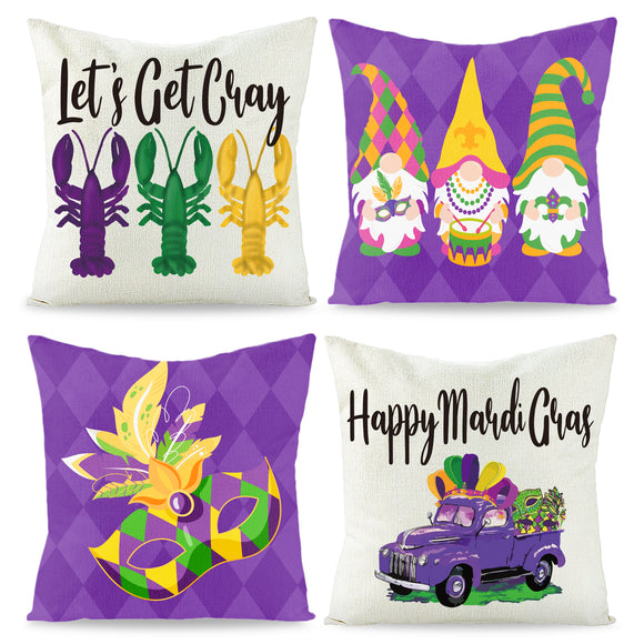 WATINC 4Pcs Mardi Gras Throw Pillow Covers Let’s Get Cray Happy Mardi Gras Pillowcases Masquerade Carnival Party Cushion Cases Spring Decorations for Farmhouse Sofa Home Car Couch 18 x 18 Inch