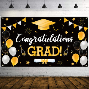 WATINC Graduation Background Banner 78" x 45" Extra Large Backdrops Congratulations Grad Cap Diploma Balloons Champagne Black Gold Party Decorations Supplies for Indoor Outdoor Photo Booth Props