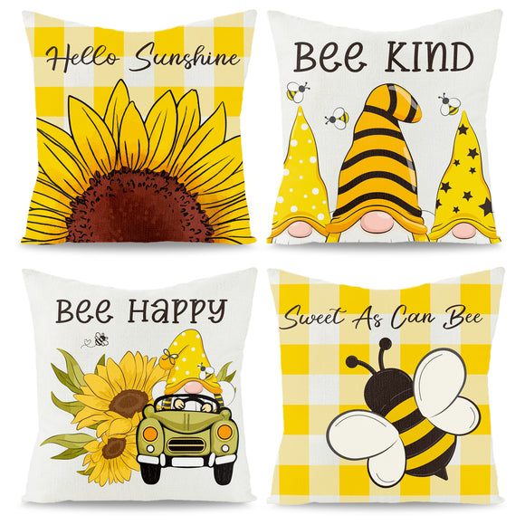 WATINC 4Pcs Spring Summer Bee Throw Pillow Covers Hello Sunshine Bee Kind Pillowcase Bee Happy Sweet As Can Bee Gnomes Cushion Cases Linen Cloth Decorations for Farmhouse Sofa Home Couch 18 x 18 Inch