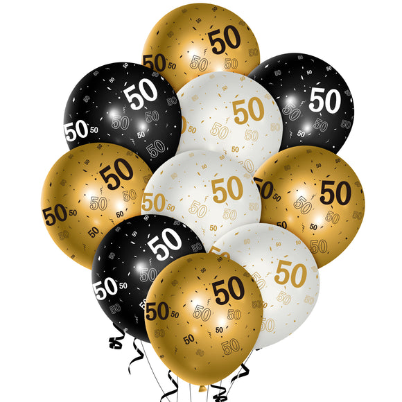 WATINC 36pcs 50th Birthday Latex Balloon, 12 inch Number Printed Balloons for 50th Theme Party Supplies Indoor Outdoor Decoration, Black Gold White Happy Birthday Balloon for 50 Year Old Party Decor